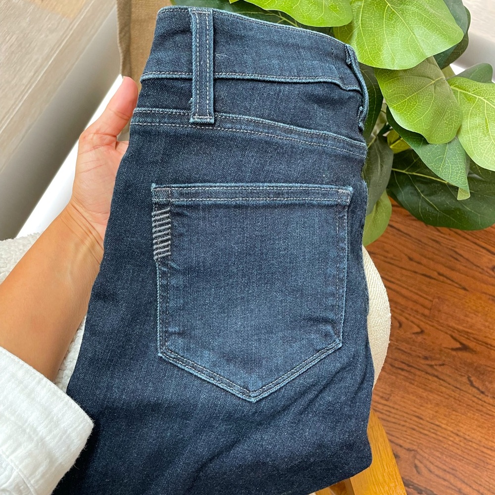 Dark blue Paige jeans with raw hem cut off